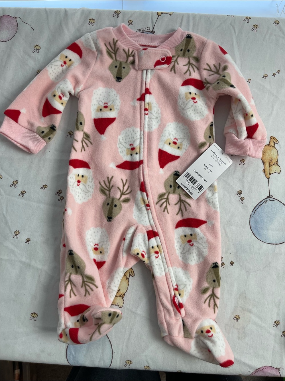Carter's Pink Fleece Santa & Reindeer Footed One-Piece